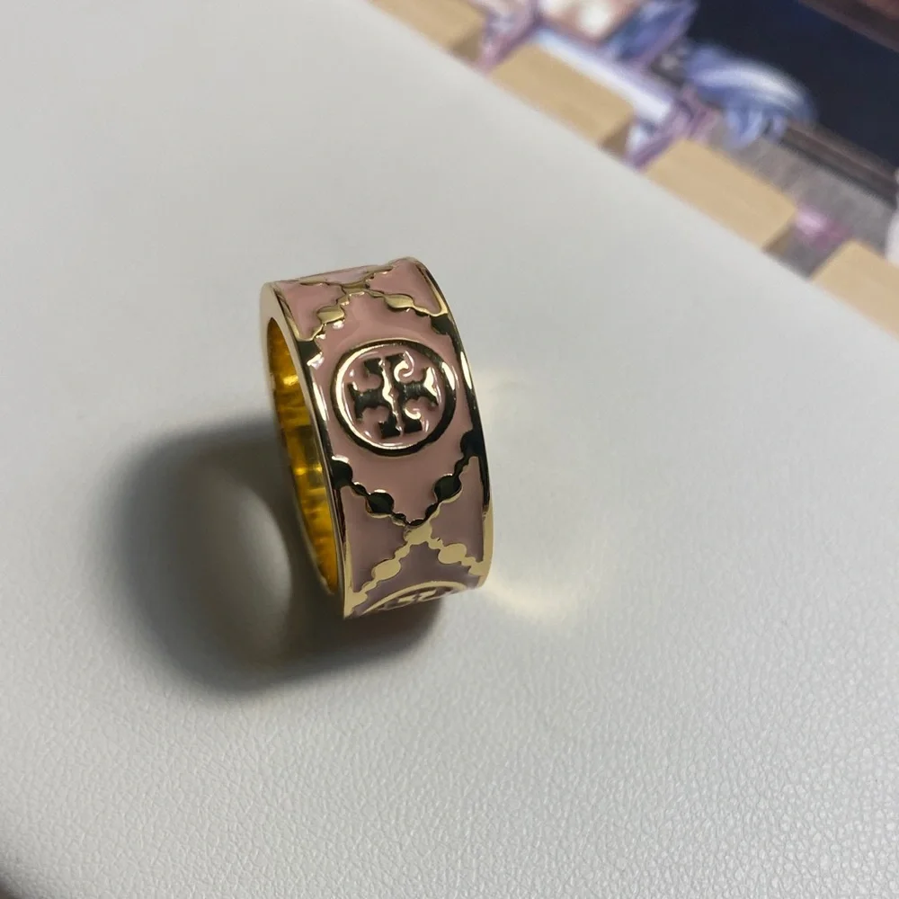 Tory Burch Baby Pink and Gold Band Kira Ring